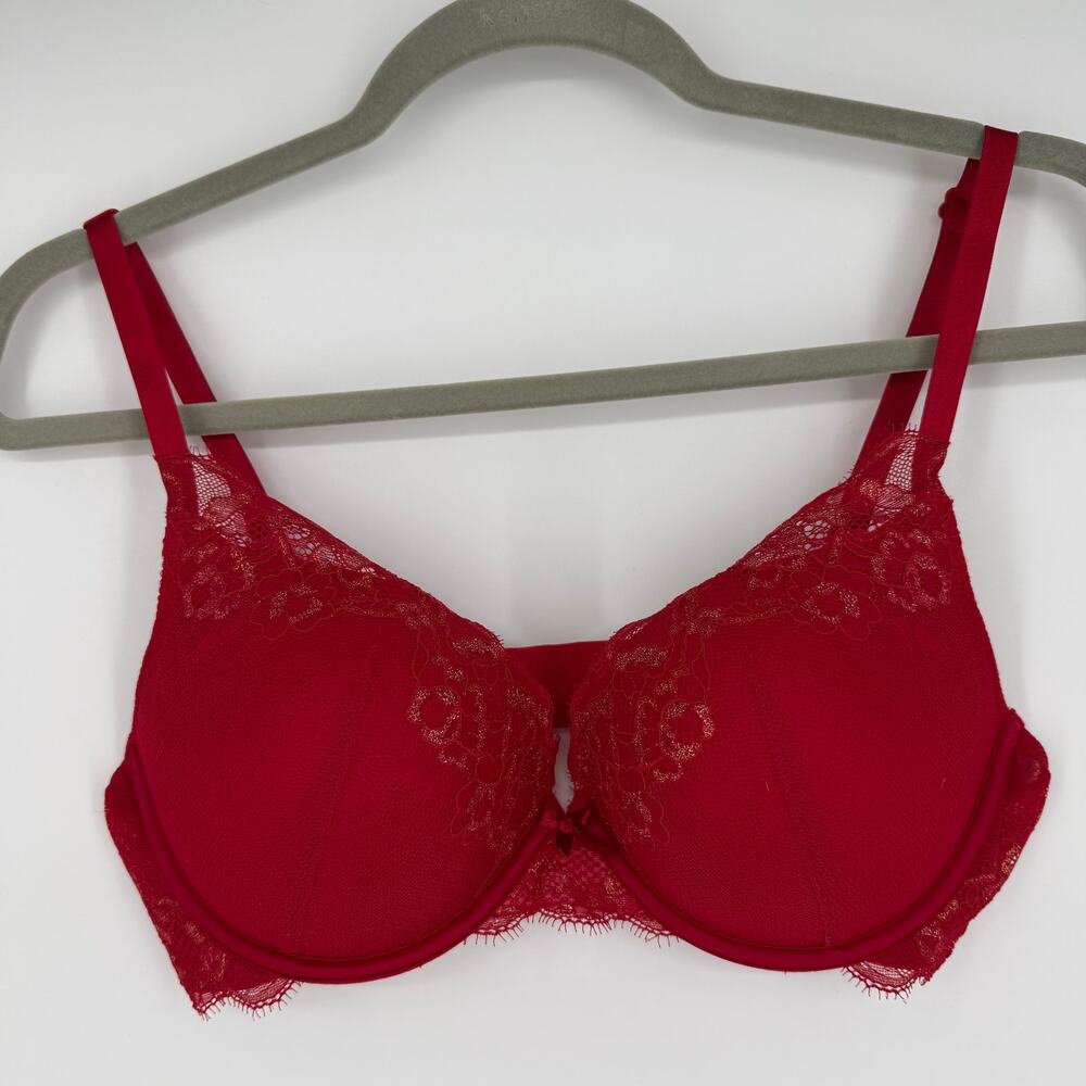 Ambrielle Plunge Push Up Bra SZ 36D Red Lace Gold Sparkle